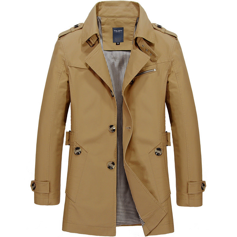 Heren Trench Coat met Epauletten en Knoopsluiting Slim Fit Donker Kaki