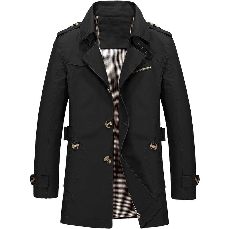 Heren Trench Coat met Epauletten en Knoopsluiting Slim Fit Zwart