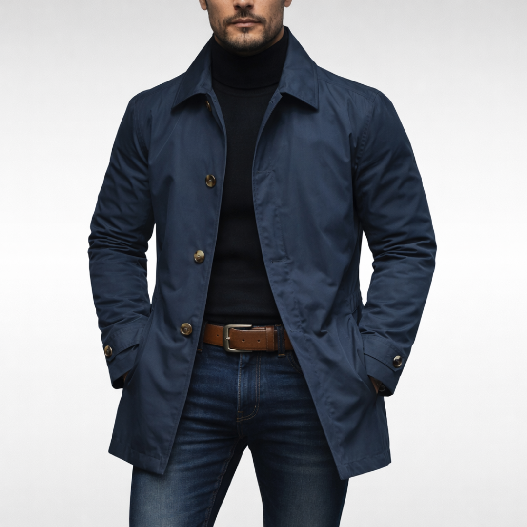 Heren Trench Coat met Knoopsluiting en Gewatteerde Voering Marineblauw