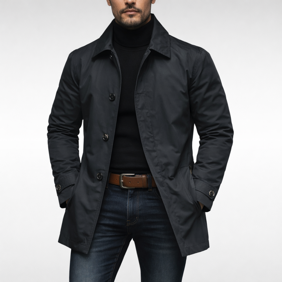 Heren Trench Coat met Knoopsluiting en Gewatteerde Voering Zwart