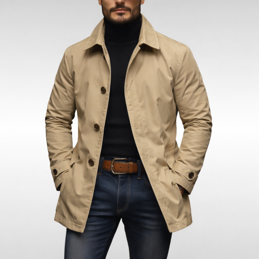 Heren Trench Coat met Knoopsluiting en Gewatteerde Voering Beige