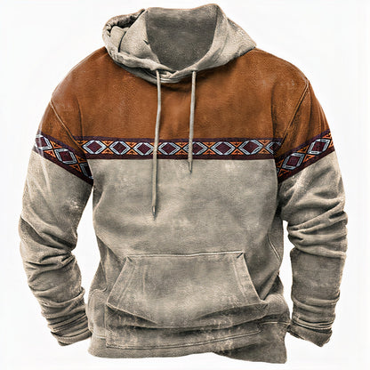 Heren Vintage Hoodie met Capuchon, Trekkoord en Kangoeroezak Kaki
