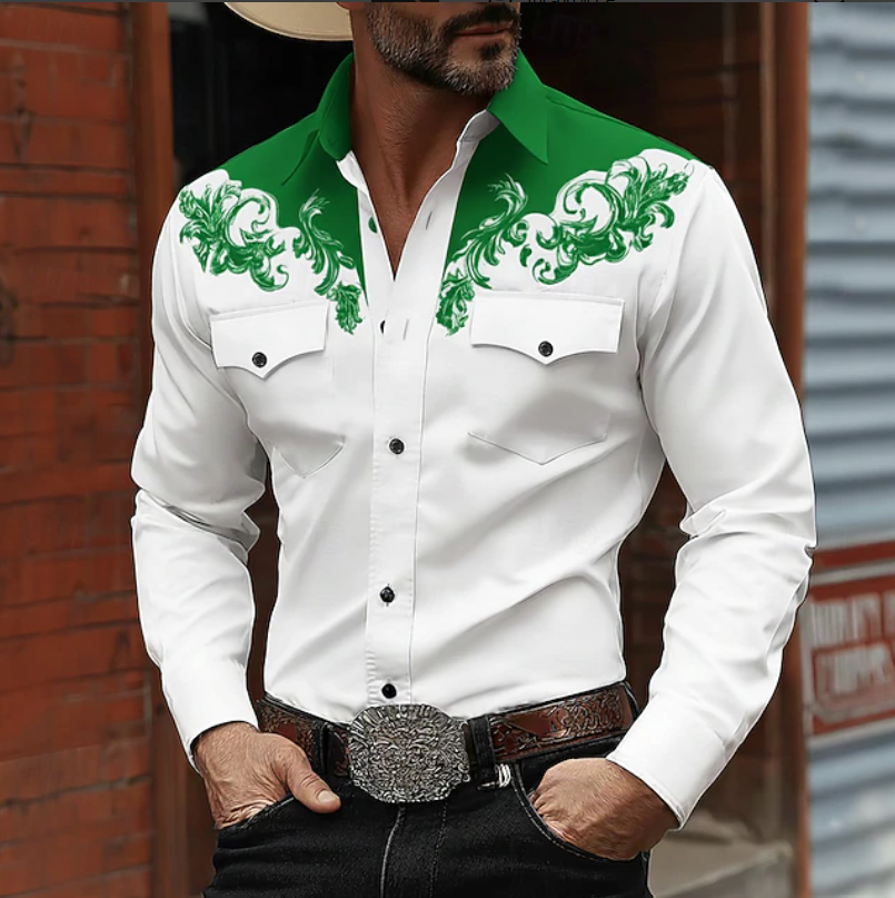 Heren Western Shirt Lange Mouw met Barok Print en Twee Borstzakken Groen