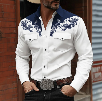 Heren Western Shirt Lange Mouw met Barok Print en Twee Borstzakken Blauw
