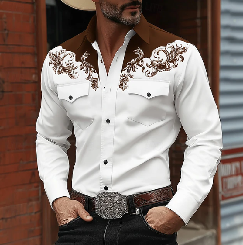 Heren Western Shirt Lange Mouw met Barok Print en Twee Borstzakken Bruin