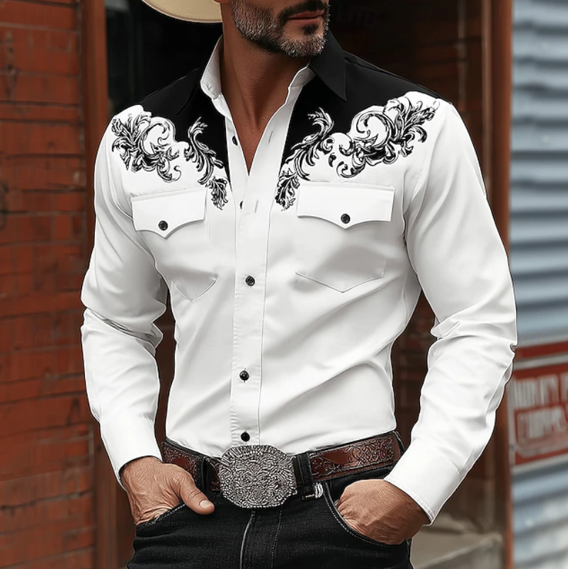 Heren Western Shirt Lange Mouw met Barok Print en Twee Borstzakken Zwart