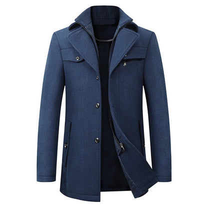 Heren Winterjas met Dubbele Kraag en Ritssluiting met Knopenrij Blauw