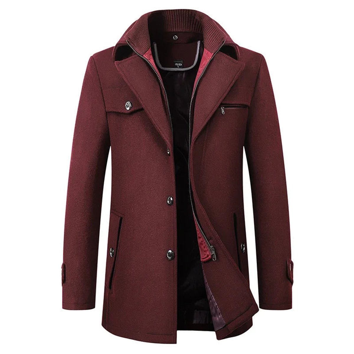 Heren Winterjas met Dubbele Kraag en Ritssluiting met Knopenrij Rood