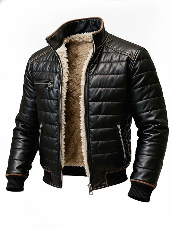 Heren Winterjas met Teddyfoering en Opstaande Kraag Zwart