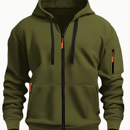 Heren Zip Hoodie met Mouwzak Legergroen