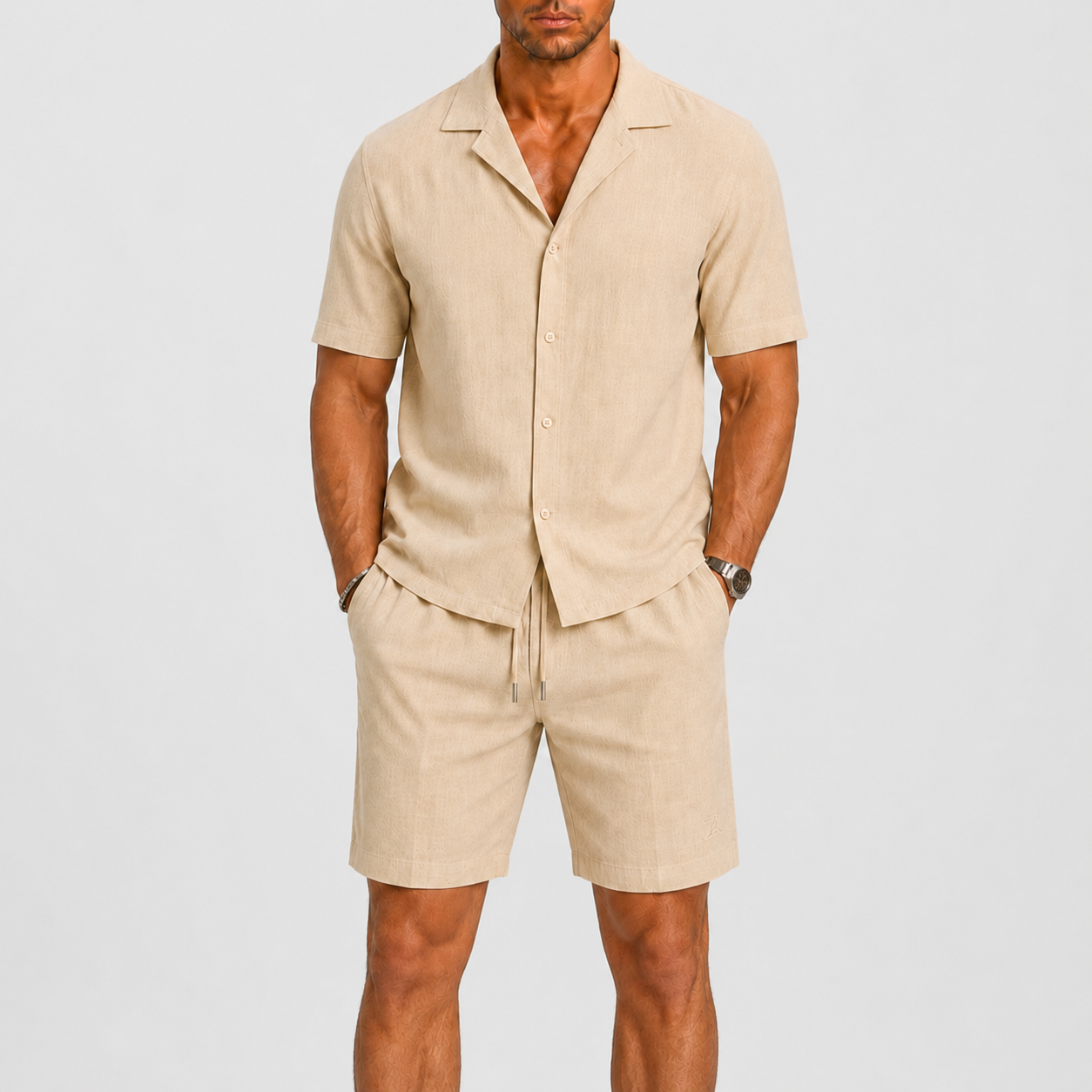 Heren Zomerset Korte Mouw Shirt met Shorts en Reverskraag Beige
