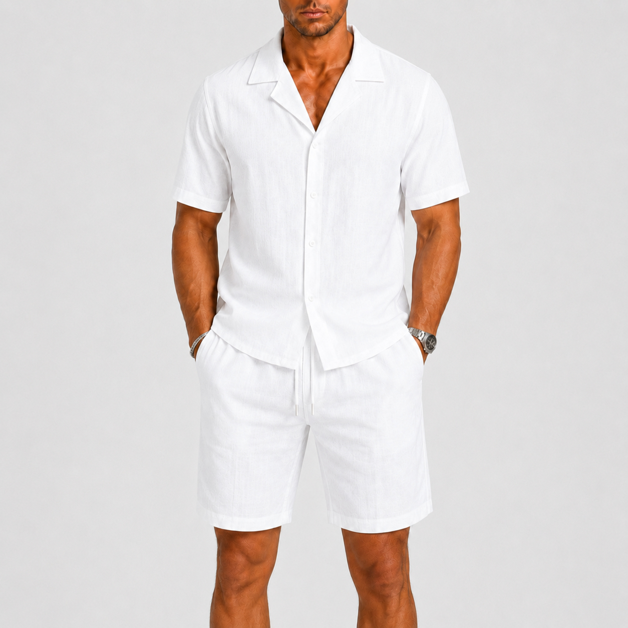Heren Zomerset Korte Mouw Shirt met Shorts en Reverskraag Wit