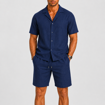 Heren Zomerset Korte Mouw Shirt met Shorts en Reverskraag Marineblauw