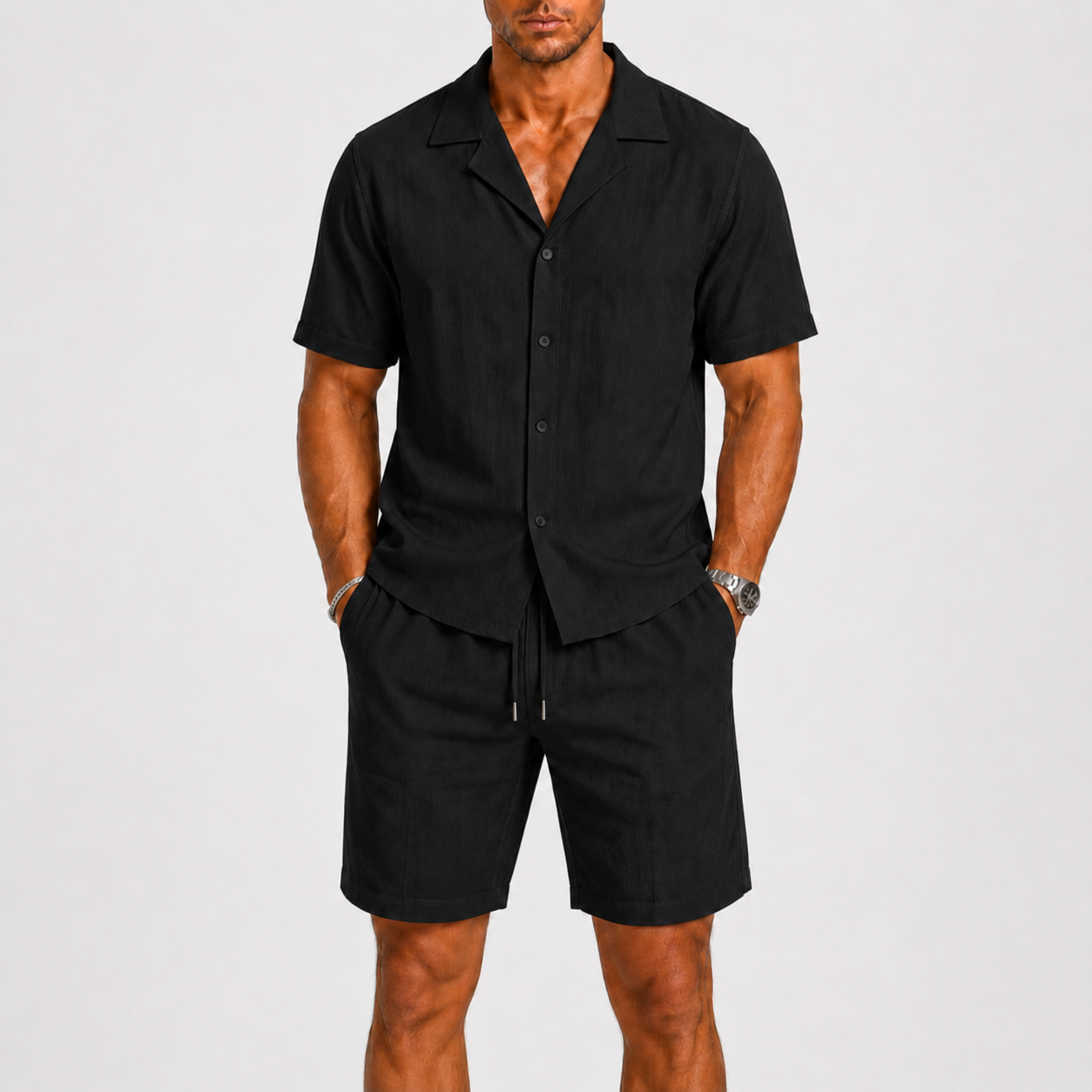 Heren Zomerset Korte Mouw Shirt met Shorts en Reverskraag Zwart