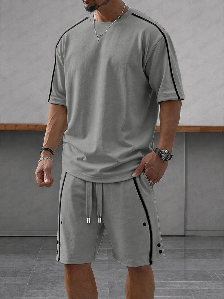 Heren Zomerset Oversized T-shirt en Shorts met Contraststrepen Grijs