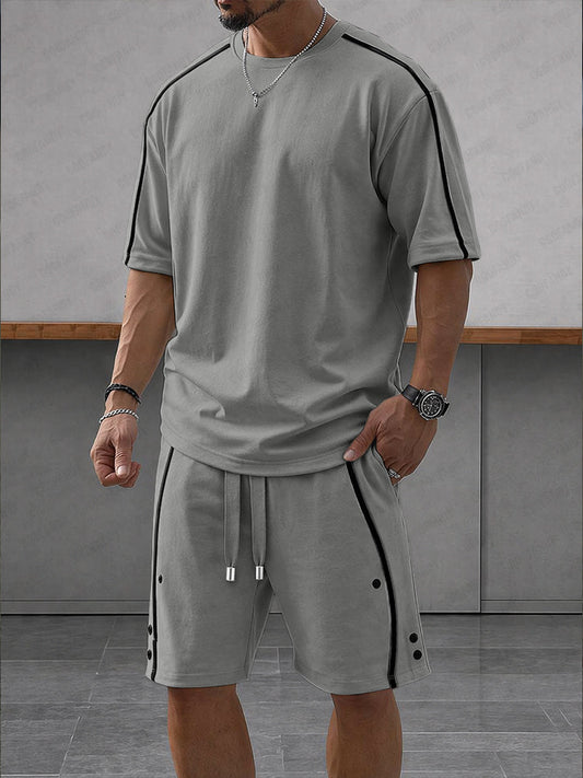 Heren Zomerset Oversized T-shirt en Shorts met Contraststrepen Grijs
