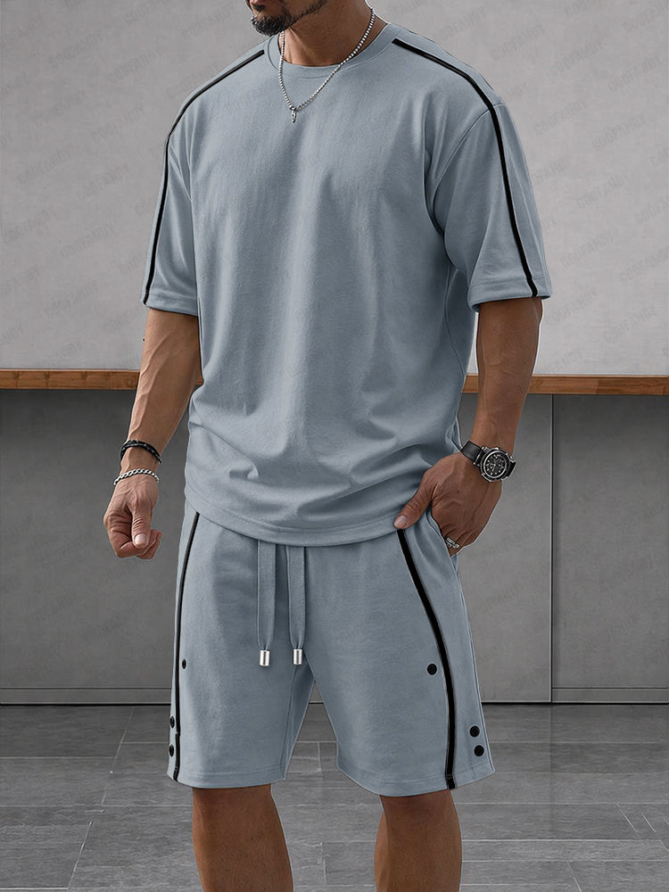 Heren Zomerset Oversized T-shirt en Shorts met Contraststrepen Blauw
