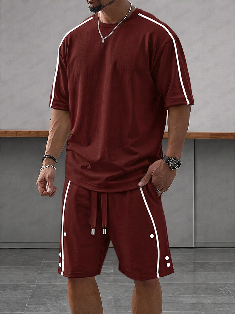 Heren Zomerset Oversized T-shirt en Shorts met Contraststrepen Bordeauxrood