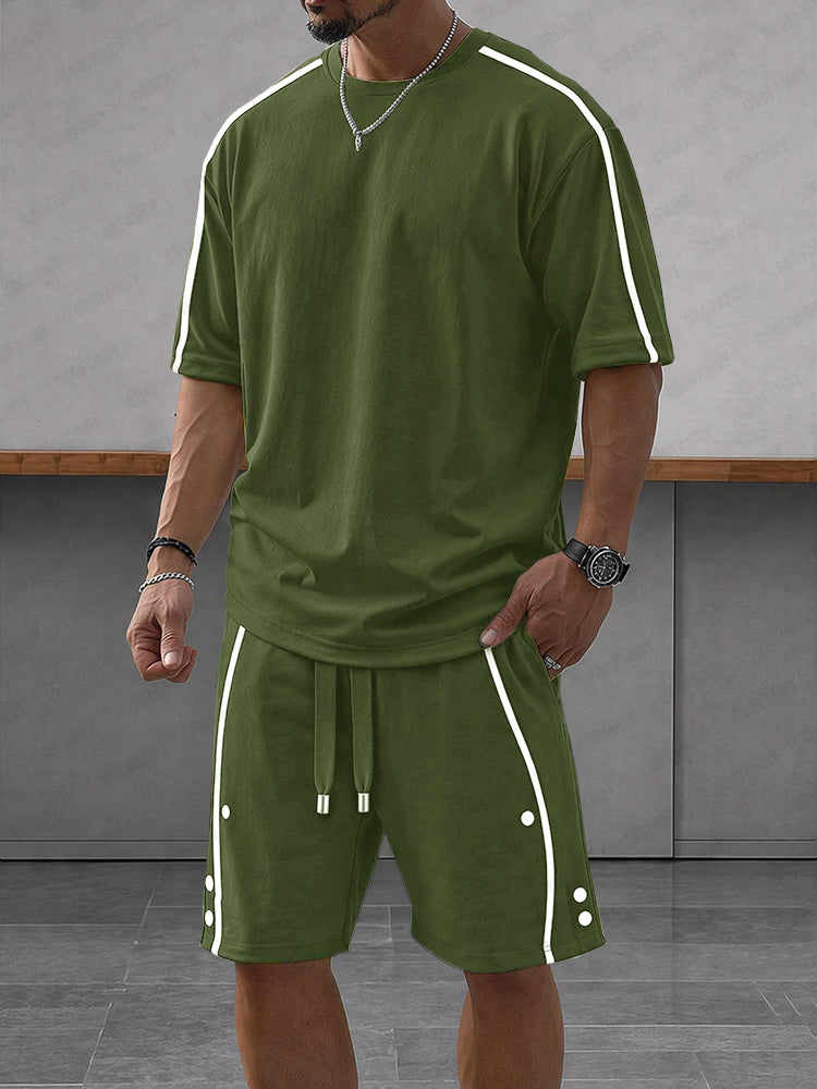 Heren Zomerset Oversized T-shirt en Shorts met Contraststrepen Groen