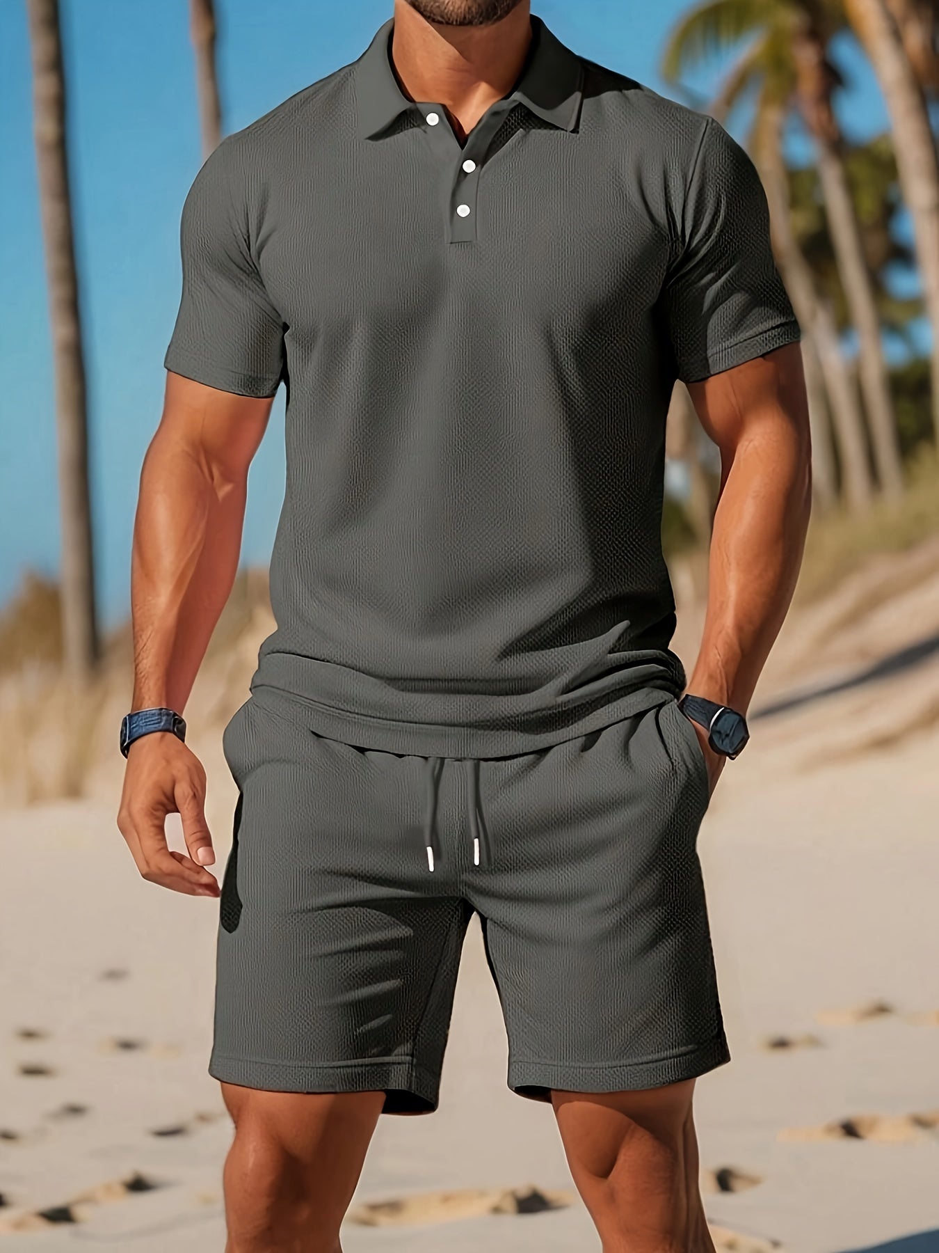 Heren Zomerset polo Korte Mouw en Shorts met Trekkoord Donkergrijs