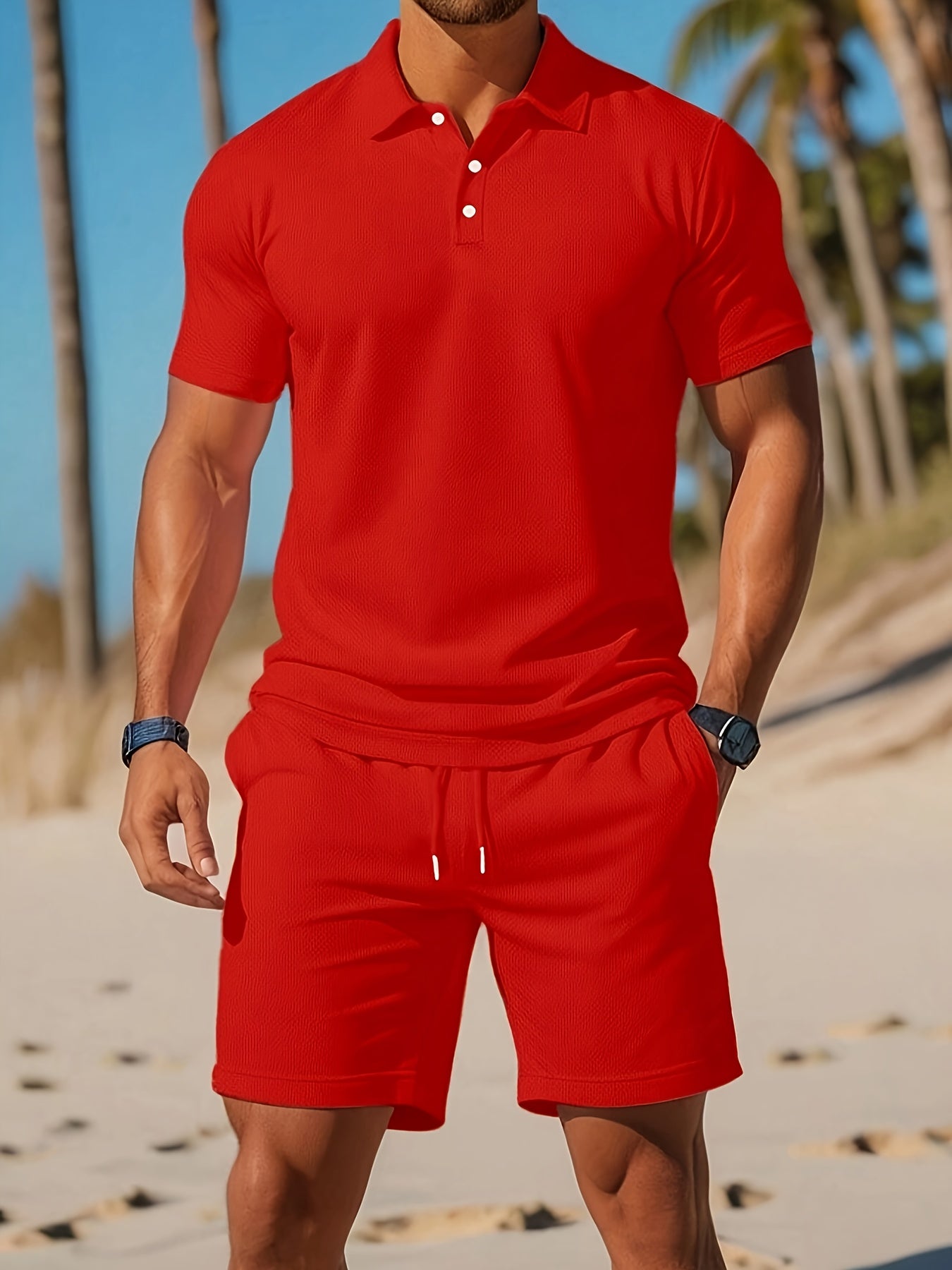 Heren Zomerset polo Korte Mouw en Shorts met Trekkoord Rood