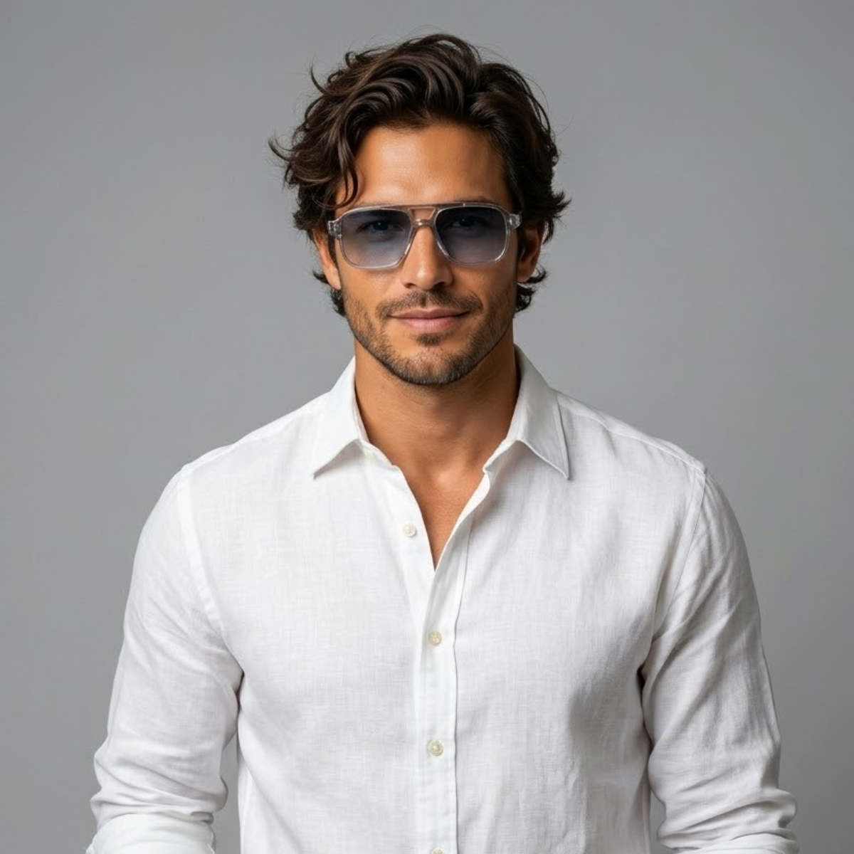 Heren Zonnebril Aviator met Transparant Montuur en Dubbele Brug Grijs Blauw