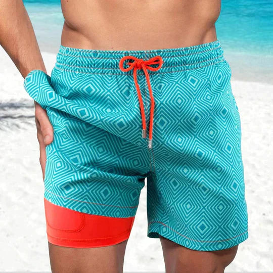 Heren Zwembroek met Binnenbroek en Tropische Print Turquoise Oranje Ruitpatroon