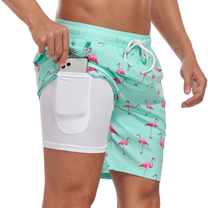 Heren Zwembroek met Binnenbroek en Tropische Print Roze Flamingo