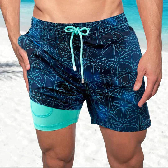 Heren Zwembroek met Binnenbroek en Tropische Print Marineblauw Turquoise Palmbomen