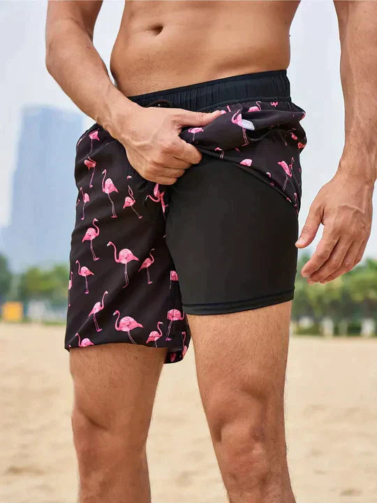 Heren Zwembroek met Binnenbroek en Tropische Print Zwart Roze Flamingo