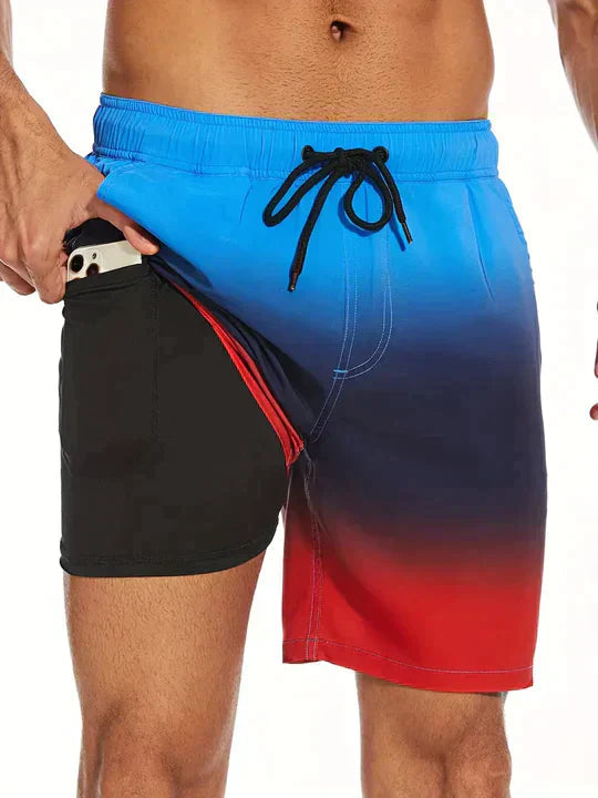 Heren Zwembroek met Binnenbroek en Tropische Print Blauw Rood Kleurverloop