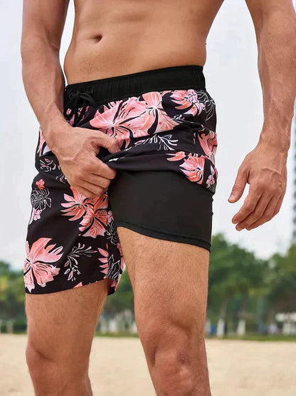 Heren Zwembroek met Binnenbroek en Tropische Print Zwart Oranje Bloemen