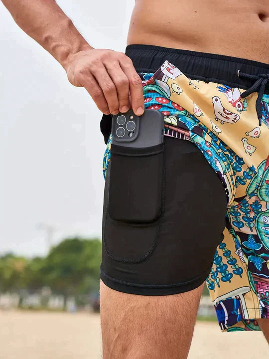 Heren Zwembroek met Binnenbroek en Tropische Print Geel Multikleur Print