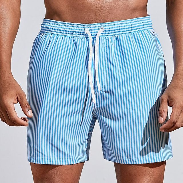 Heren Zwemshort met Verticale Strepen en Trekkoord Lichtblauw