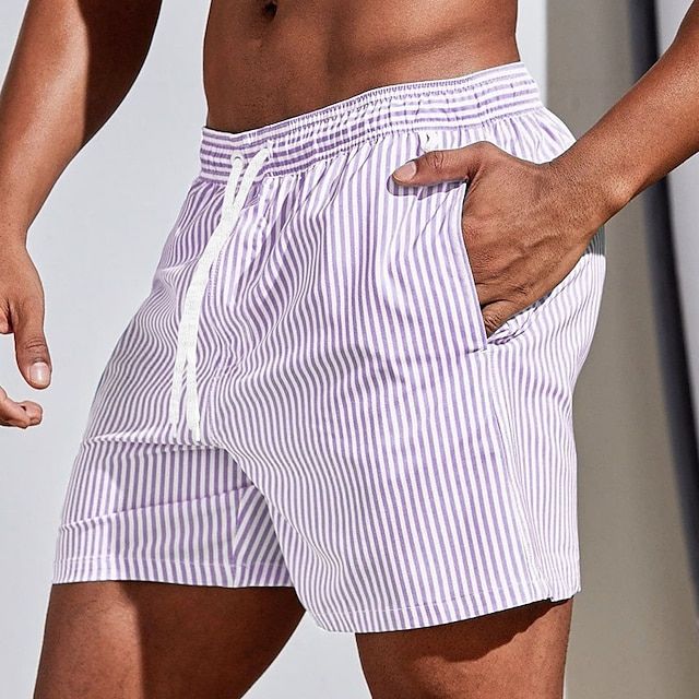 Heren Zwemshort met Verticale Strepen en Trekkoord Paars