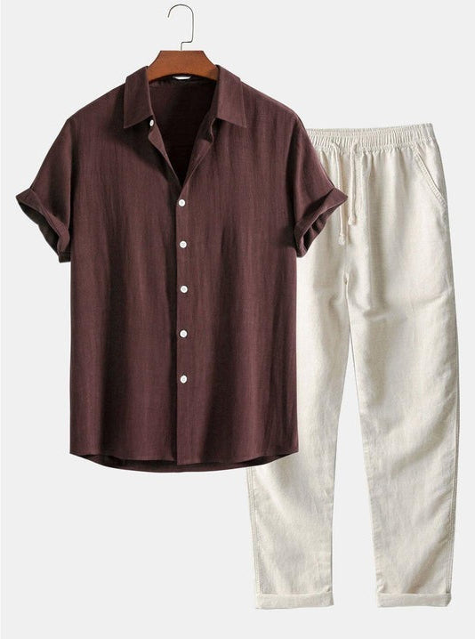 Heren Casual Shirt met Korte Mouwen en Broek Kledingset Bruin Beige