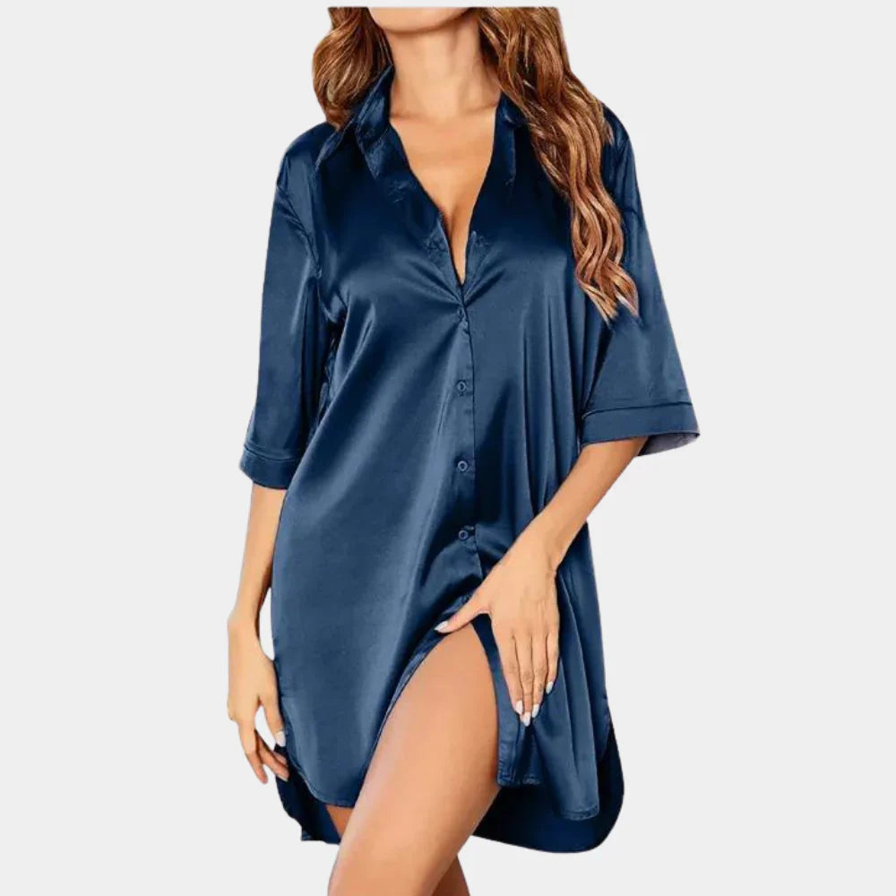 Dames Nachthemd met Kraag en Knoopsluiting Blauw