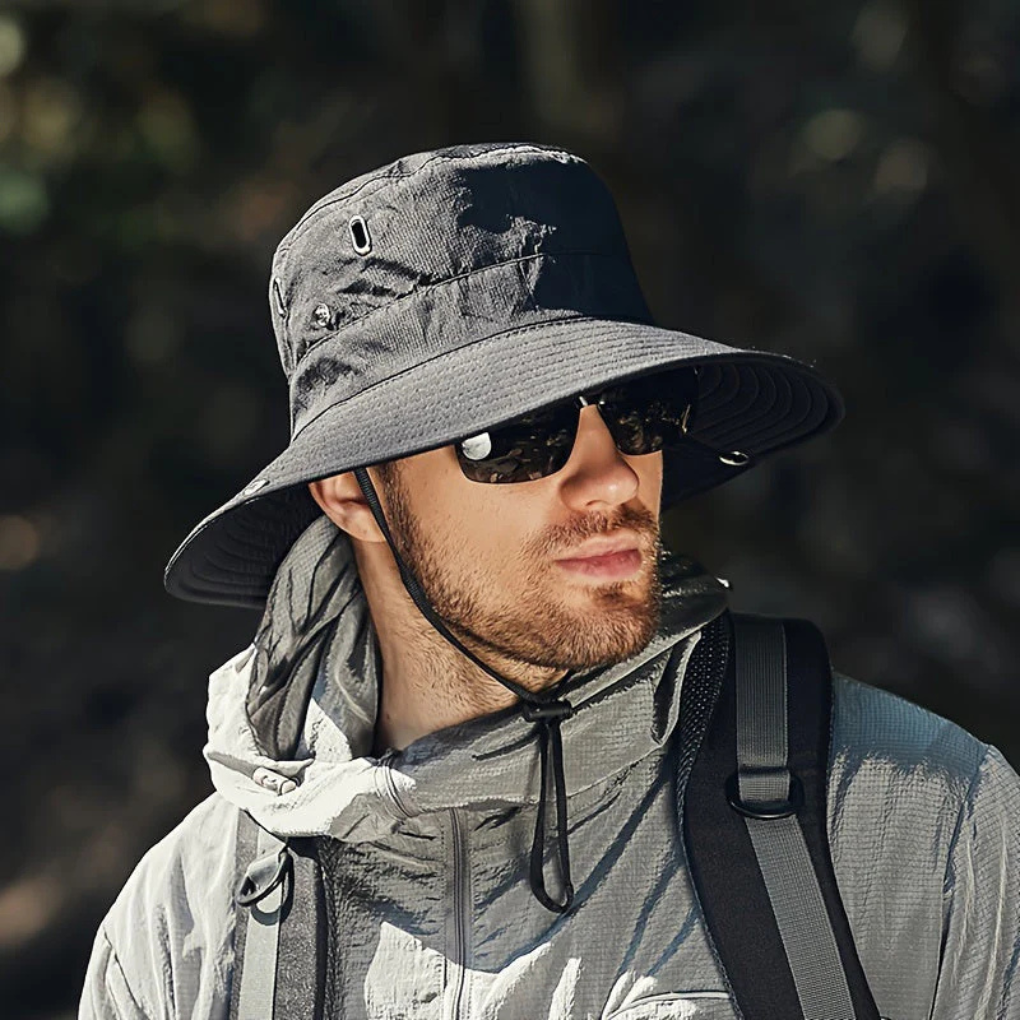 Unisex Bucket Hat met Brede Rand en Kinkoord voor Wandelen en Strand Zwart 58 x 60cm