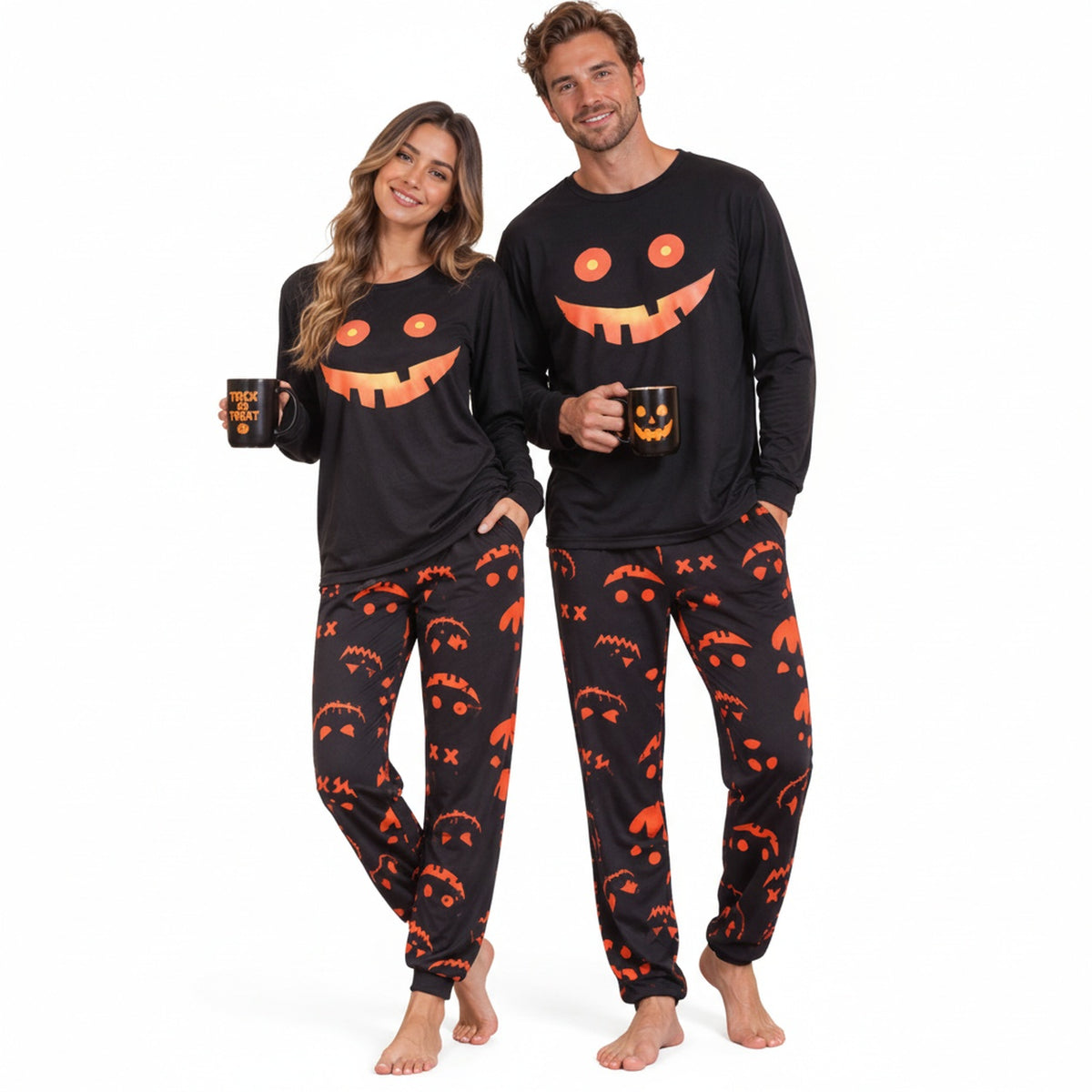 Unisex Halloween Matching Pyjama Set met Pompoen Print en Lange Mouw