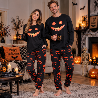 Unisex Halloween Matching Pyjama Set met Pompoen Print en Lange Mouw Zwart