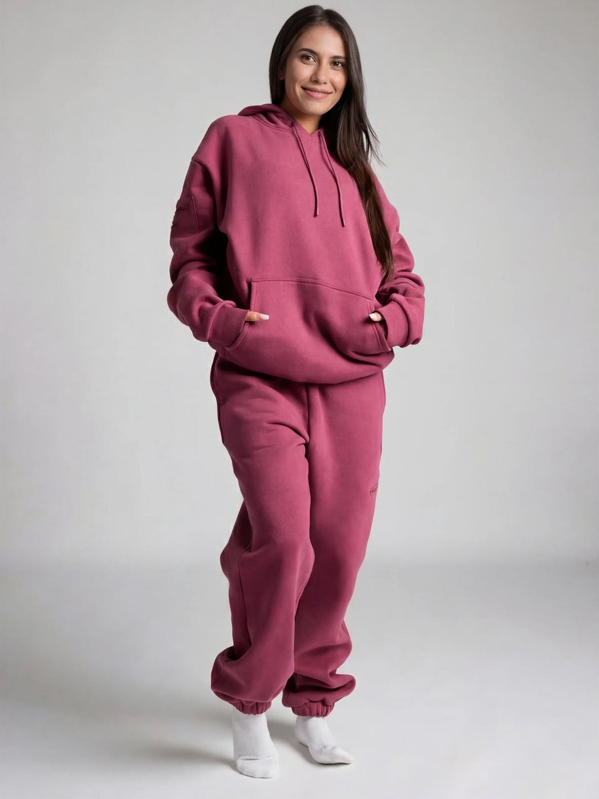 Unisex Oversized Hoodie met Oogmasker, Ritszakken op de Mouwen en Kangoeroezak Bessenrood