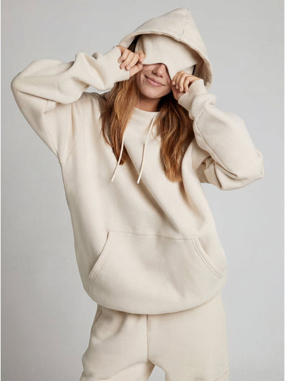 Unisex Oversized Hoodie met Oogmasker, Ritszakken op de Mouwen en Kangoeroezak Crème